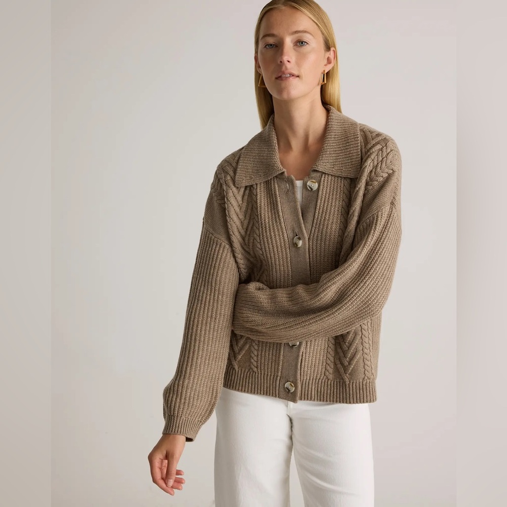 Quince Taupe Cable Knit Button-Up Sweater - Picture 2 of 9